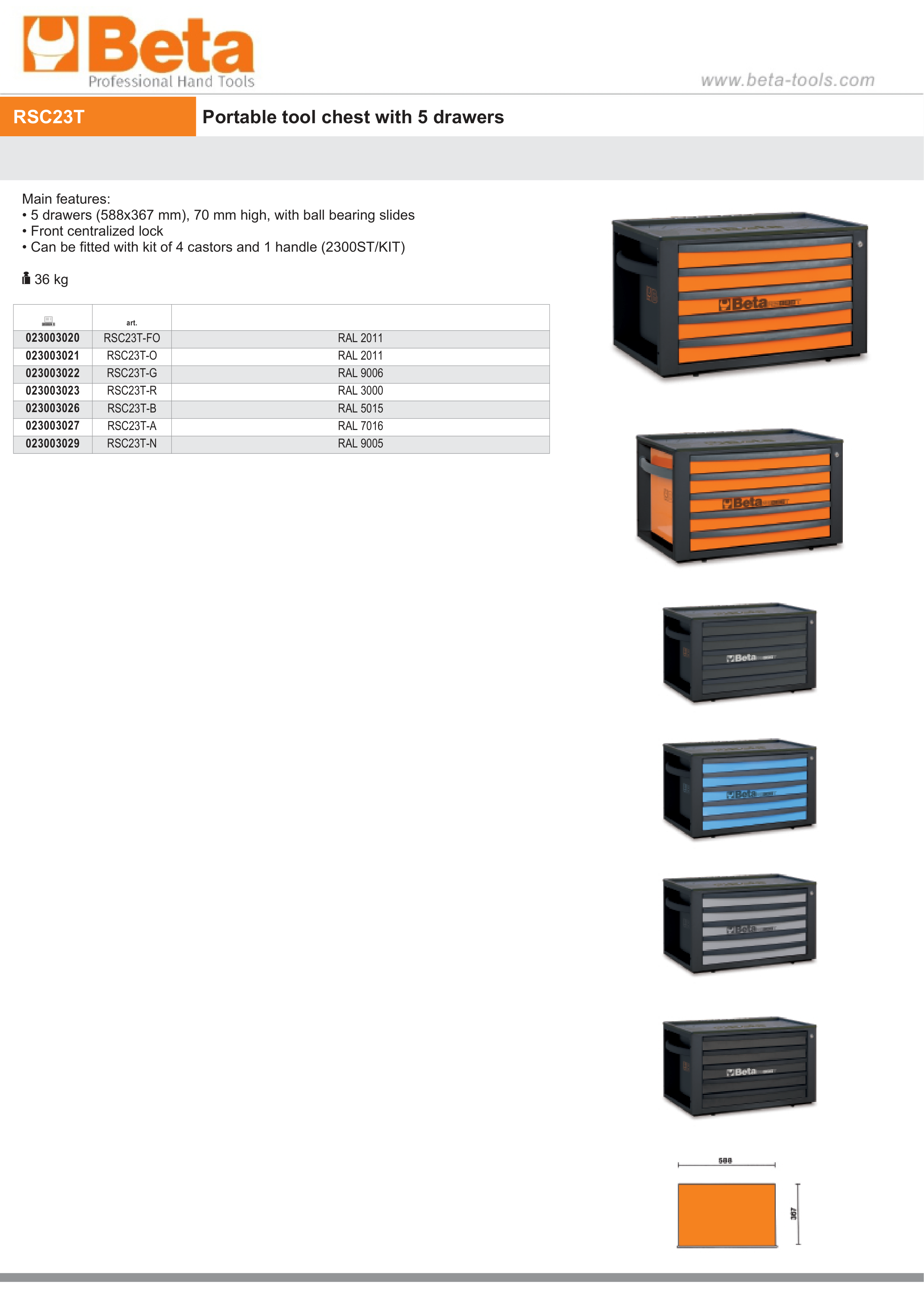 Portable Tool Chest with 5 Drawers and Centralized Lock - Beta Tools RSC23T-FO