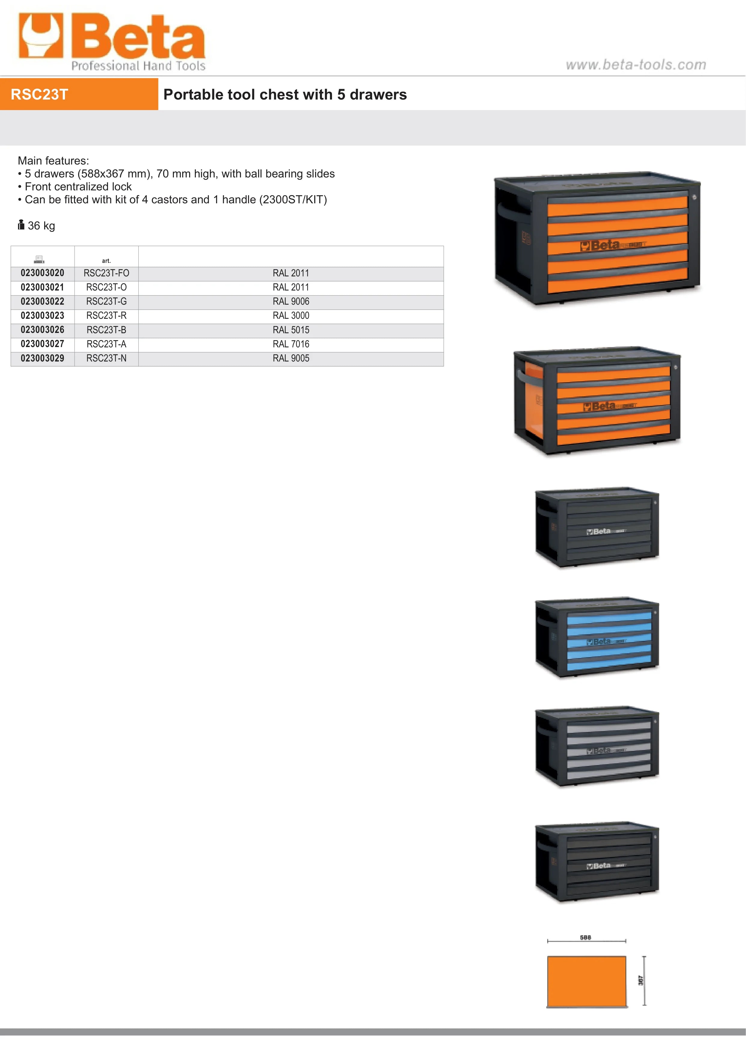 Portable Tool Chest with 5 Drawers and Centralized Lock - Beta Tools RSC23T-B
