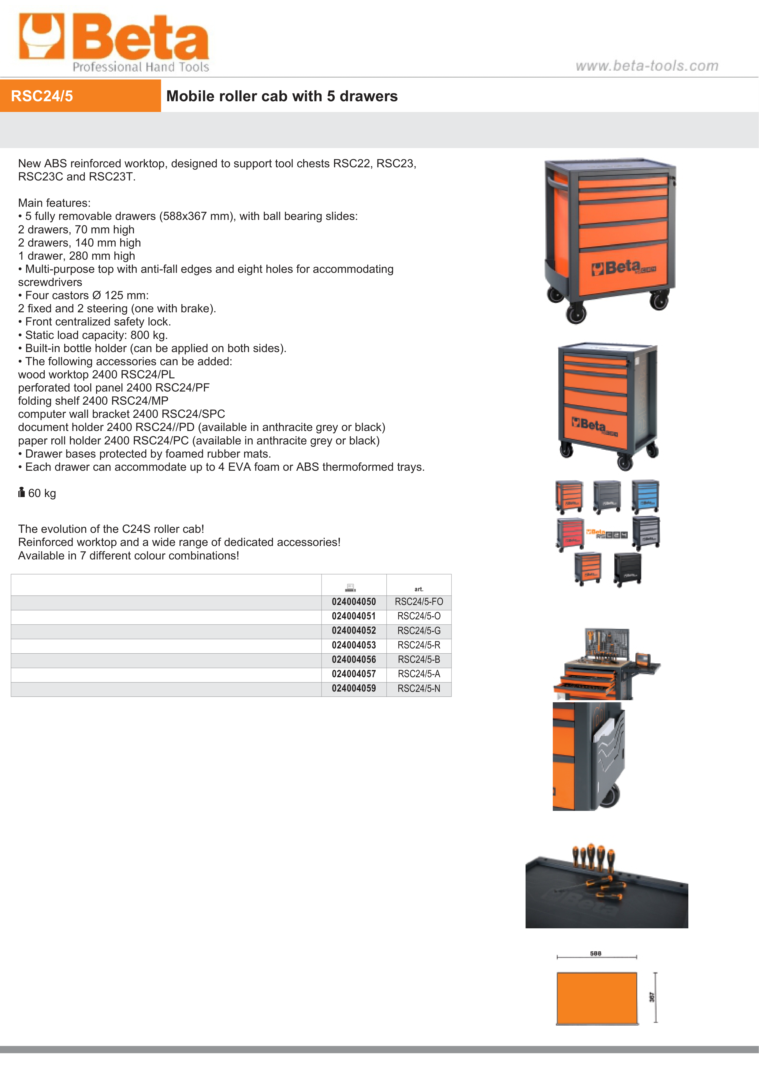 Mobile Roller Cab 5 Drawers Reinforced Worktop 800kg Capacity - Beta Tools RSC24/5-O
