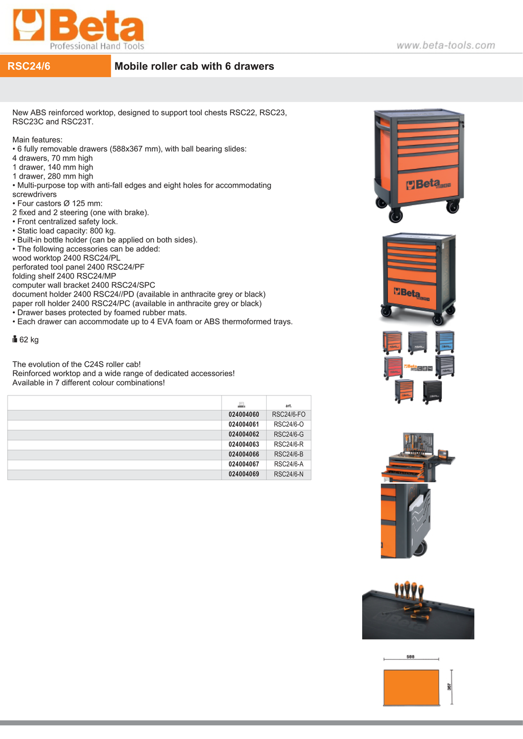 Mobile Roller Cab 6 Drawers Reinforced Worktop 800kg Capacity - Beta Tools RSC24/6-O