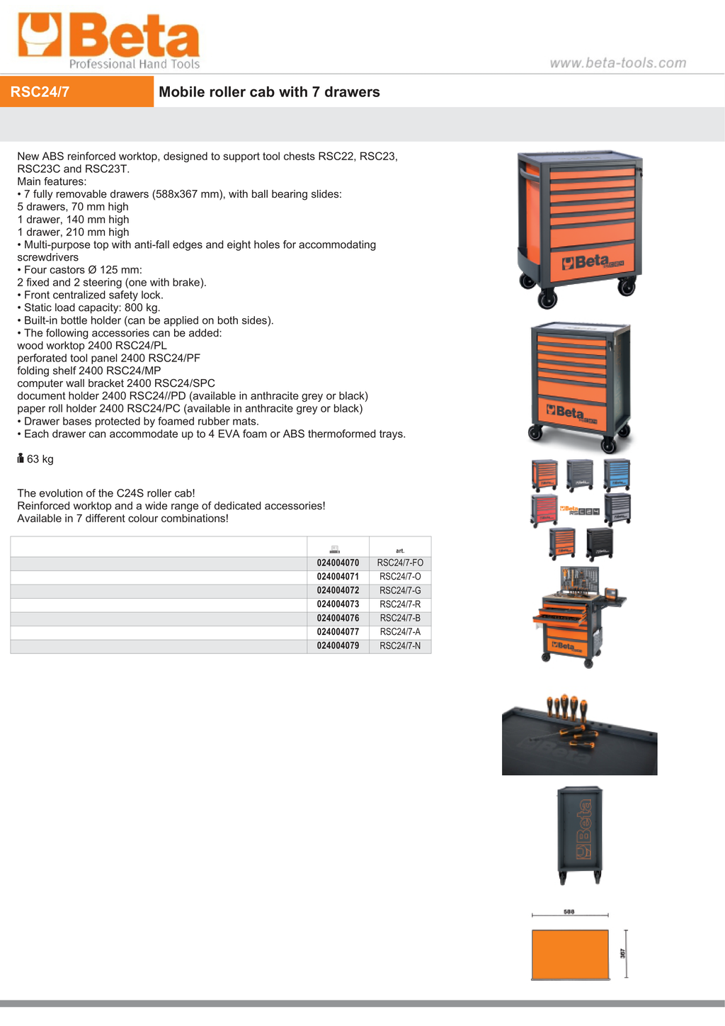 Mobile Roller Cab 7 Drawers Reinforced Worktop 800kg Capacity - Beta Tools RSC24/7-O