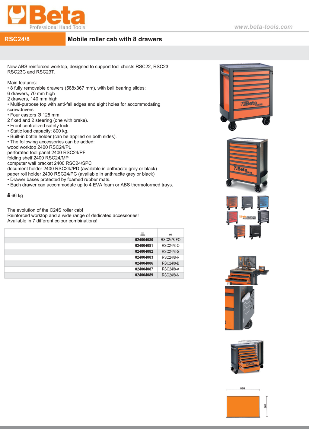 Mobile Roller Cab 8 Drawers Reinforced Worktop 800kg Capacity - Beta Tools RSC24/8-FO