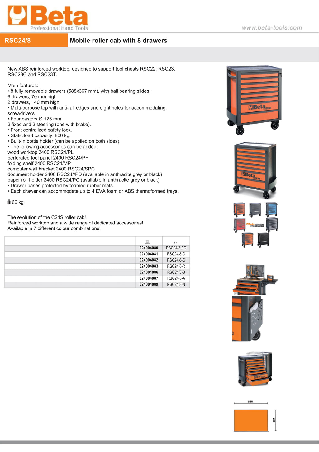 Mobile Roller Cab 8 Drawers Reinforced Worktop 800kg Capacity - Beta Tools RSC24/8-N