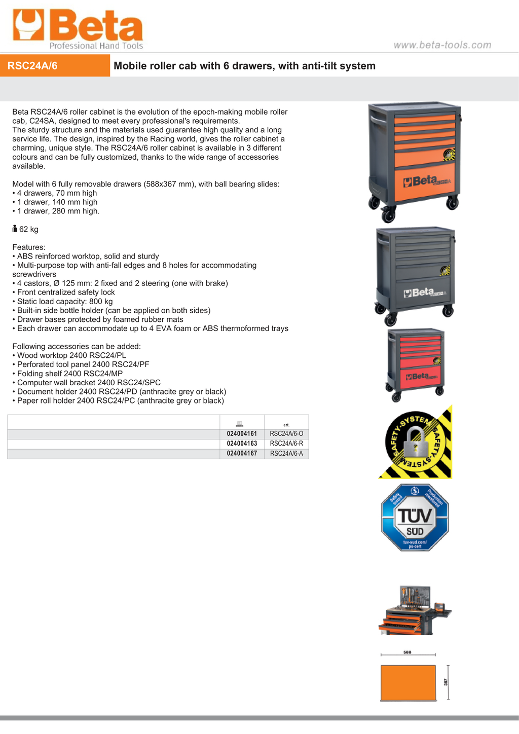 Mobile Roller Cab 6 Drawers Anti-Tilt System Reinforced Worktop 800kg Capacity - Beta Tools RSC24A/6-O