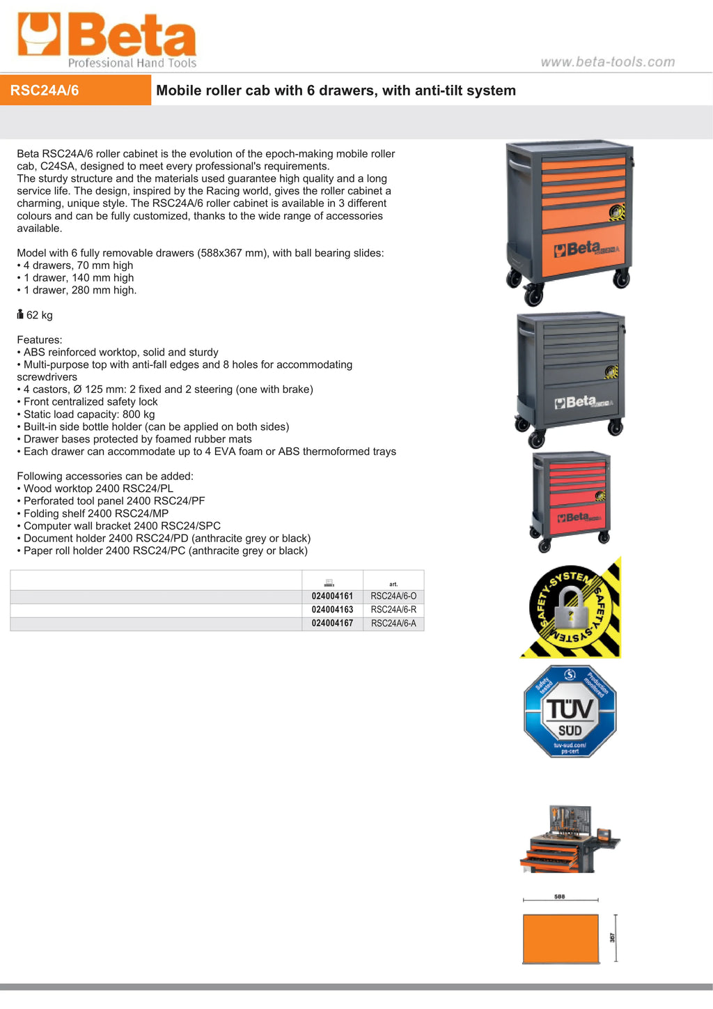 Mobile Roller Cab 6 Drawers Anti-Tilt System Reinforced Worktop 800kg Capacity - Beta Tools RSC24A/6-O