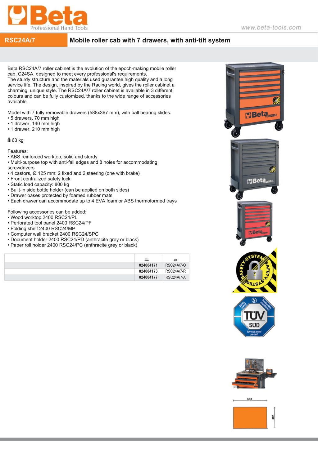 Mobile Roller Cab 7 Drawers Anti-Tilt System Reinforced Worktop 800kg Capacity - Beta Tools RSC24A/7-R
