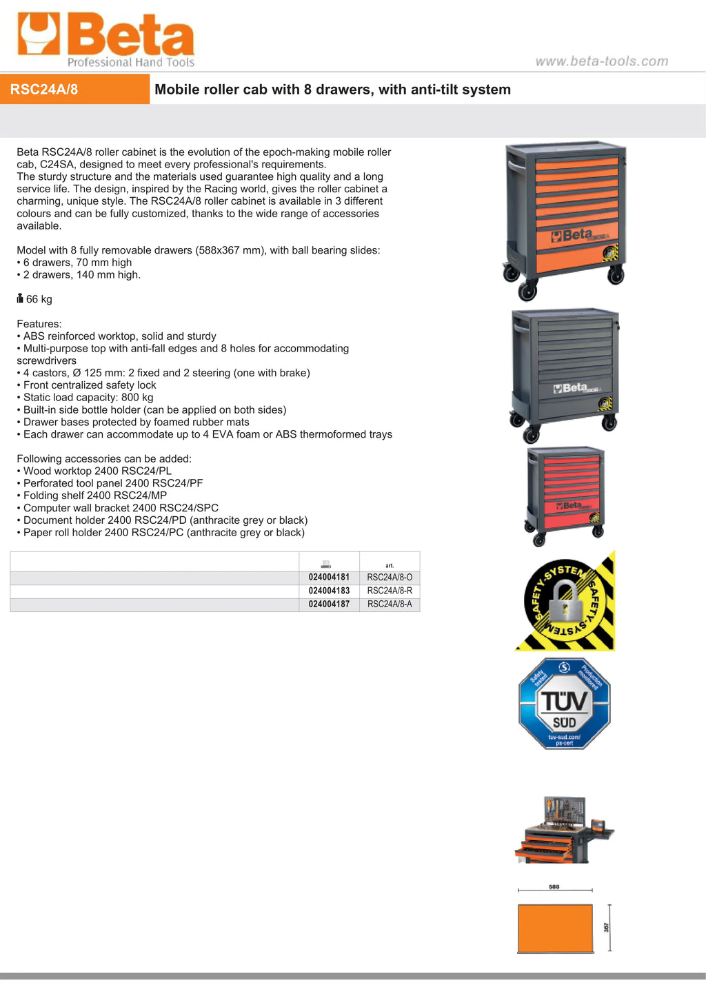 Mobile Roller Cab 8 Drawers Anti-Tilt System Reinforced Worktop 800kg Capacity - Beta Tools RSC24A/8-A