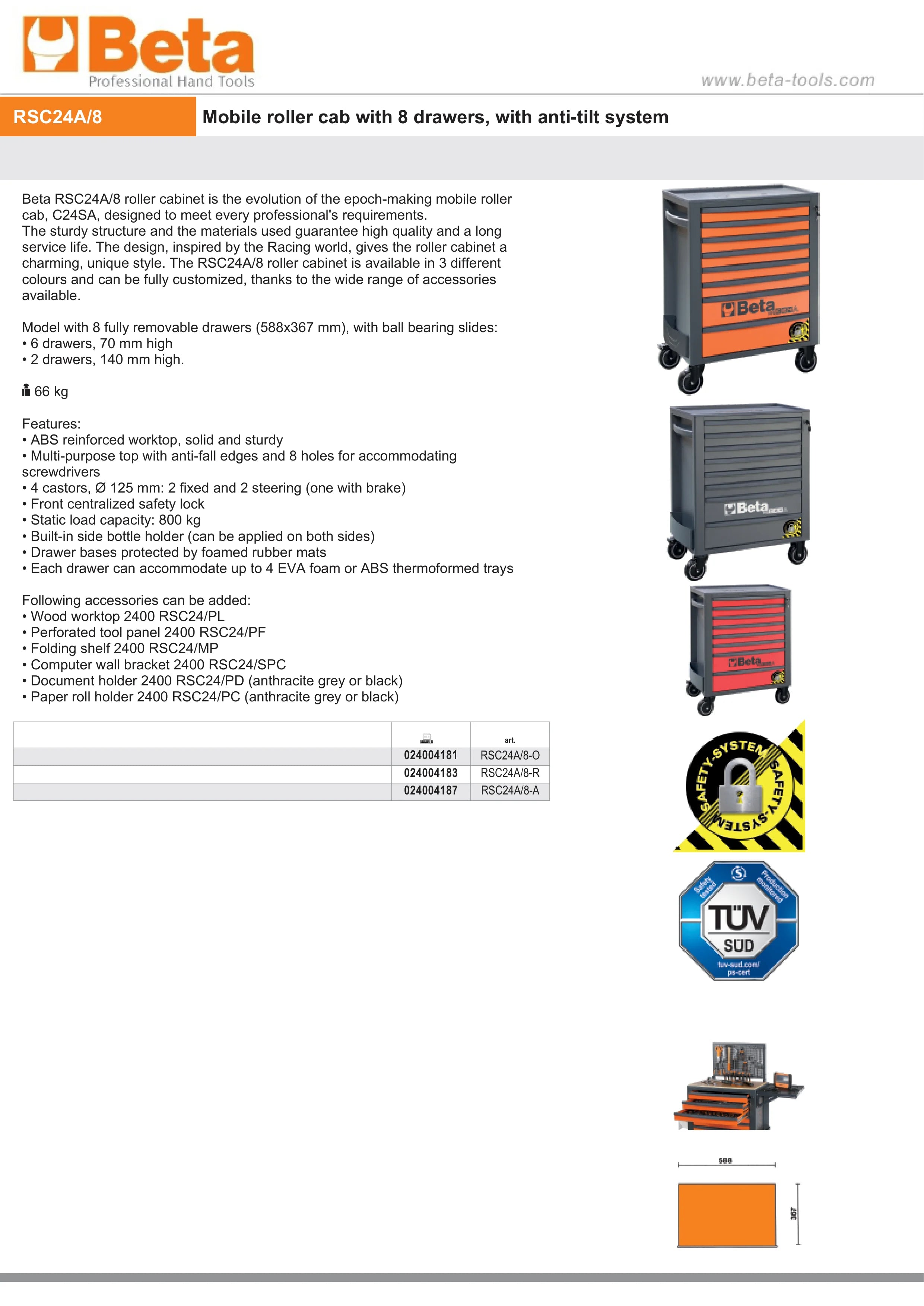 Mobile Roller Cab 8 Drawers Anti-Tilt System Reinforced Worktop 800kg Capacity - Beta Tools RSC24A/8-A