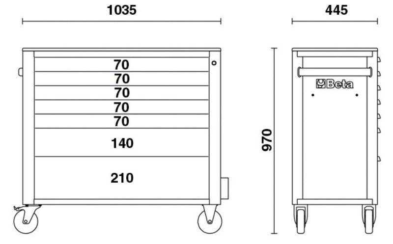 Mobile Roller Cab 7 Drawers Anti-Tilt System Long Model 1000kg Capacity - Beta Tools RSC24AXL/7-O