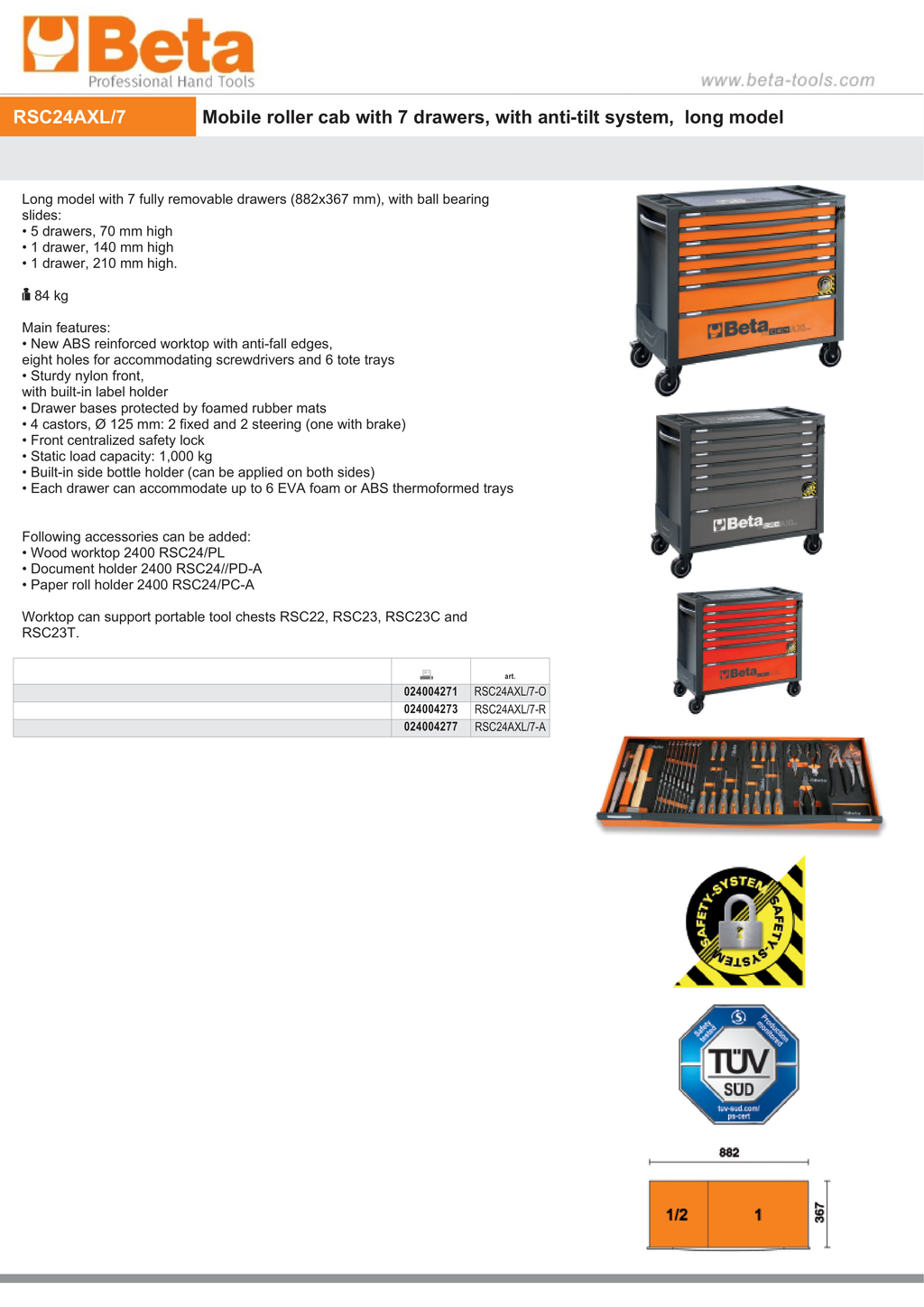 Mobile Roller Cab 7 Drawers Anti-Tilt System Long Model 1000kg Capacity - Beta Tools RSC24AXL/7-O