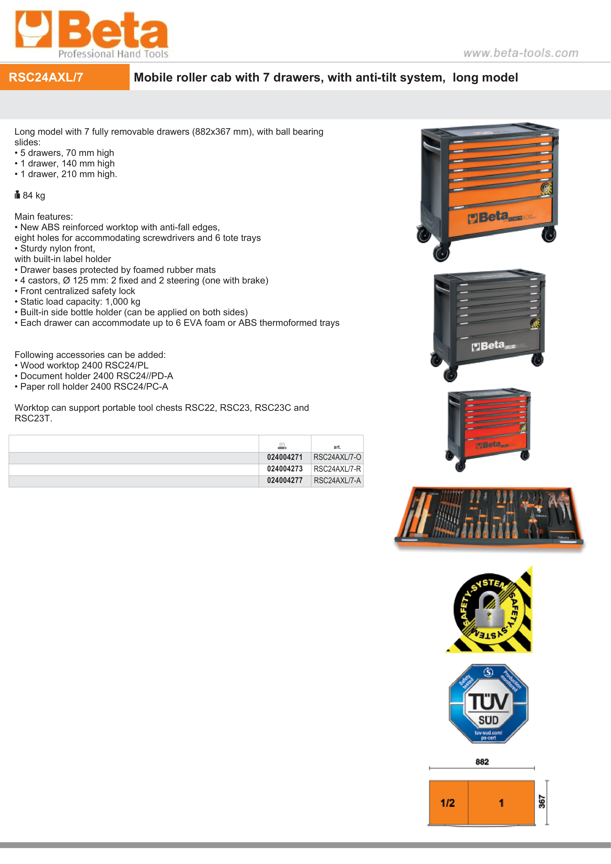 Mobile Roller Cab 7 Drawers Anti-Tilt System Long Model 1000kg Capacity - Beta Tools RSC24AXL/7-O