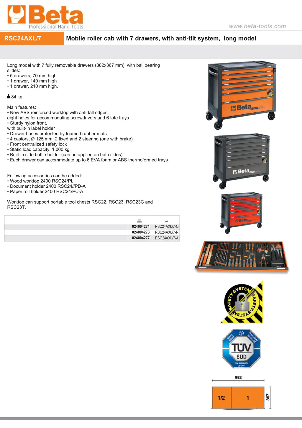 Mobile Roller Cab 7 Drawers Anti-Tilt System Long Model 1000kg Capacity - Beta Tools RSC24AXL/7-O