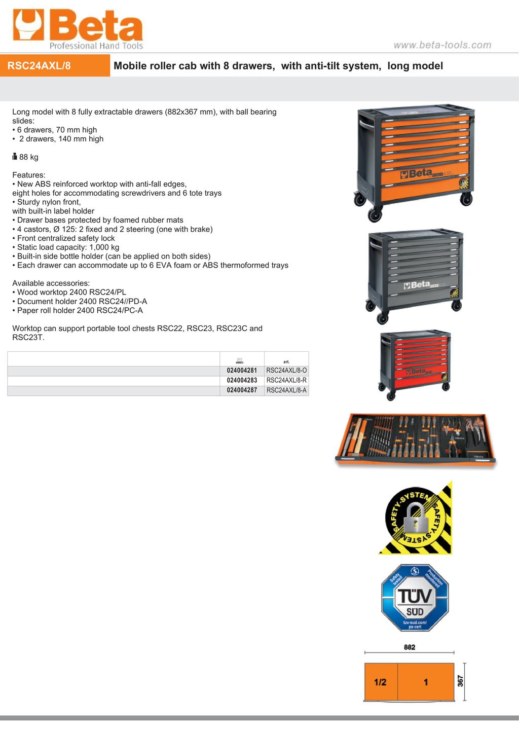 Mobile Roller Cab 8 Drawers Anti-Tilt System Long Model 1000kg Capacity - Beta Tools RSC24AXL/8-R
