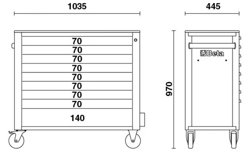 Mobile Roller Cab 9 Drawers Anti-Tilt System Long Model 1000kg Capacity - Beta Tools RSC24AXL/9-A