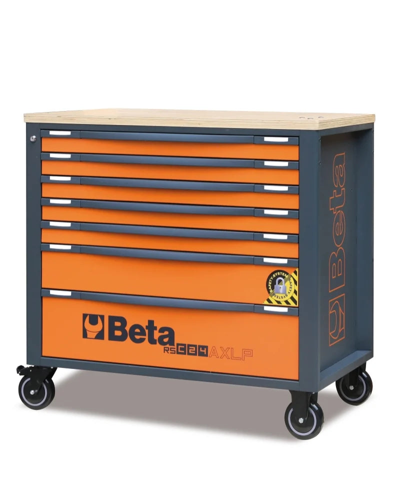 Mobile Roller Cab 7 Drawers Wood Worktop Anti-Tilt System Long Model 1100kg Capacity - Beta Tools RSC24AXLP/7-A