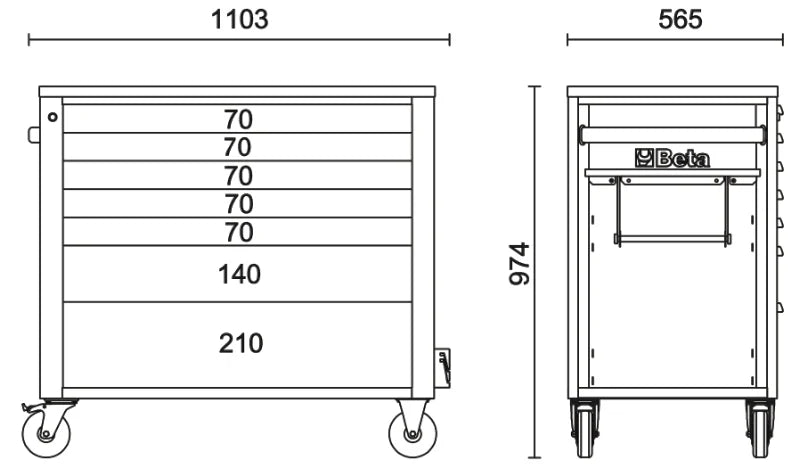 Mobile Roller Cab 7 Drawers Wood Worktop Anti-Tilt System Long Model 1100kg Capacity - Beta Tools RSC24AXLP/7-A