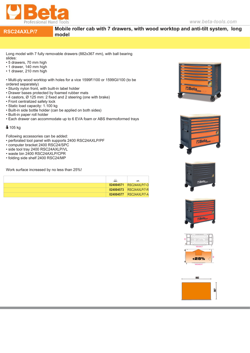 Mobile Roller Cab 7 Drawers Wood Worktop Anti-Tilt System Long Model 1100kg Capacity - Beta Tools RSC24AXLP/7-A
