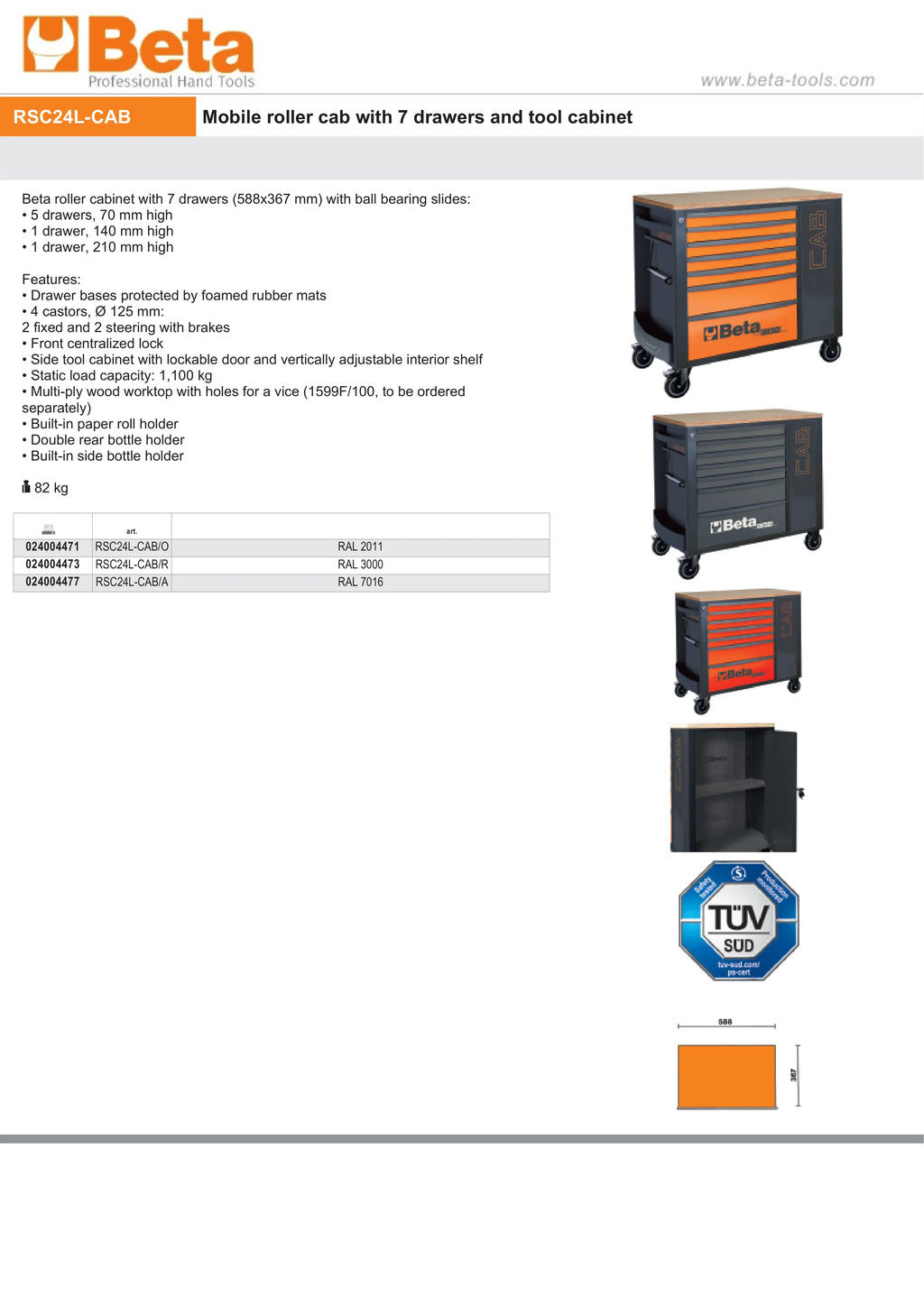 Mobile Roller Cab 7 Drawers Tool Cabinet 1100kg Capacity - Beta Tools RSC24L-CAB/O