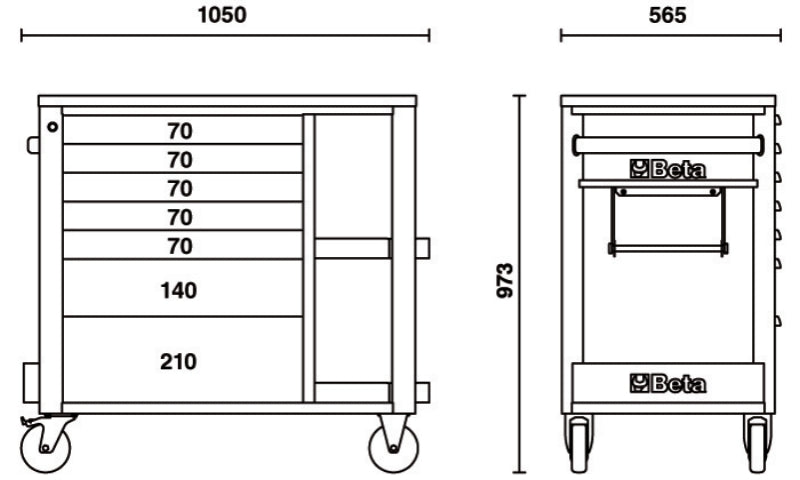 Mobile Roller Cab 7 Drawers Side Shelves 1100kg Capacity - Beta Tools RSC24L/7-O