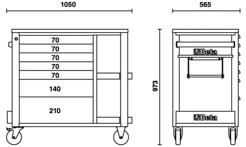 Mobile Roller Cab 7 Drawers Side Shelves 1100kg Capacity - Beta Tools RSC24L/7-R
