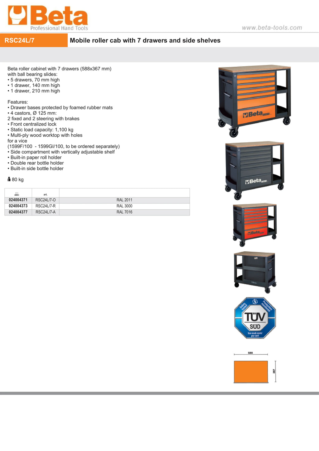 Mobile Roller Cab 7 Drawers Side Shelves 1100kg Capacity - Beta Tools RSC24L/7-O