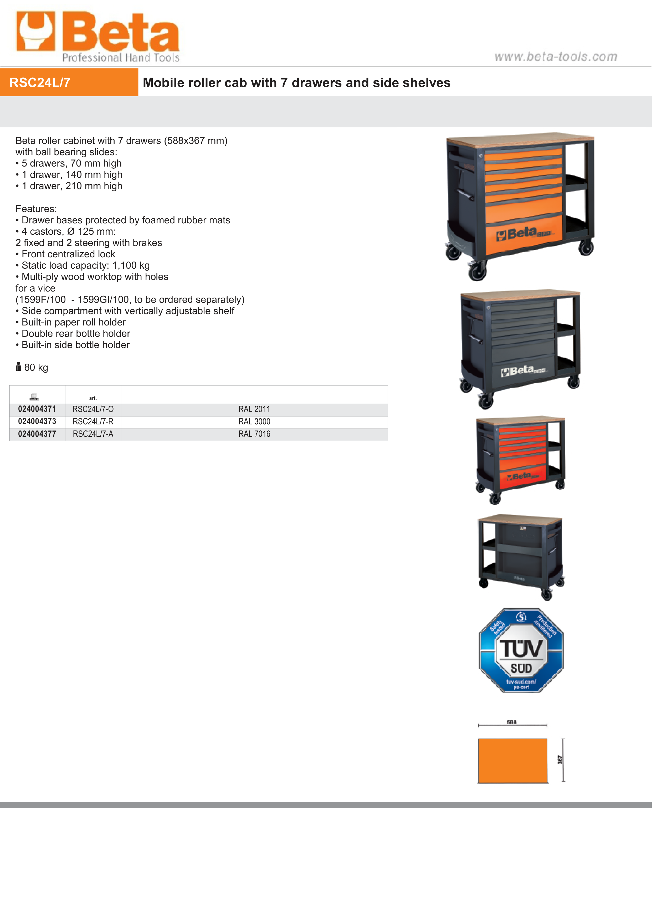 Mobile Roller Cab 7 Drawers Side Shelves 1100kg Capacity - Beta Tools RSC24L/7-R