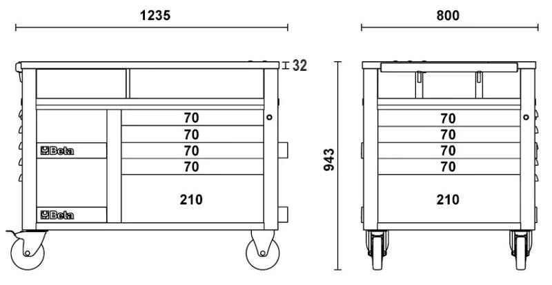 SuperTank Trolley with Wood Worktop, 10 Drawers, 588x367mm, 150mm Castors, 1200kg Load Capacity - Beta Tools RSC28-A