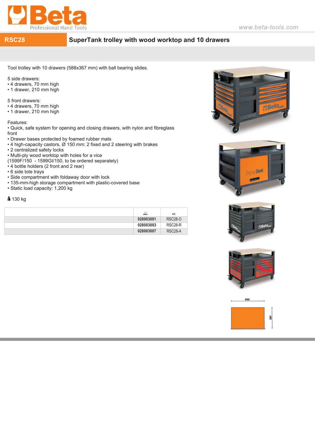 SuperTank Trolley with Wood Worktop, 10 Drawers, 588x367mm, 150mm Castors, 1200kg Load Capacity - Beta Tools RSC28-A