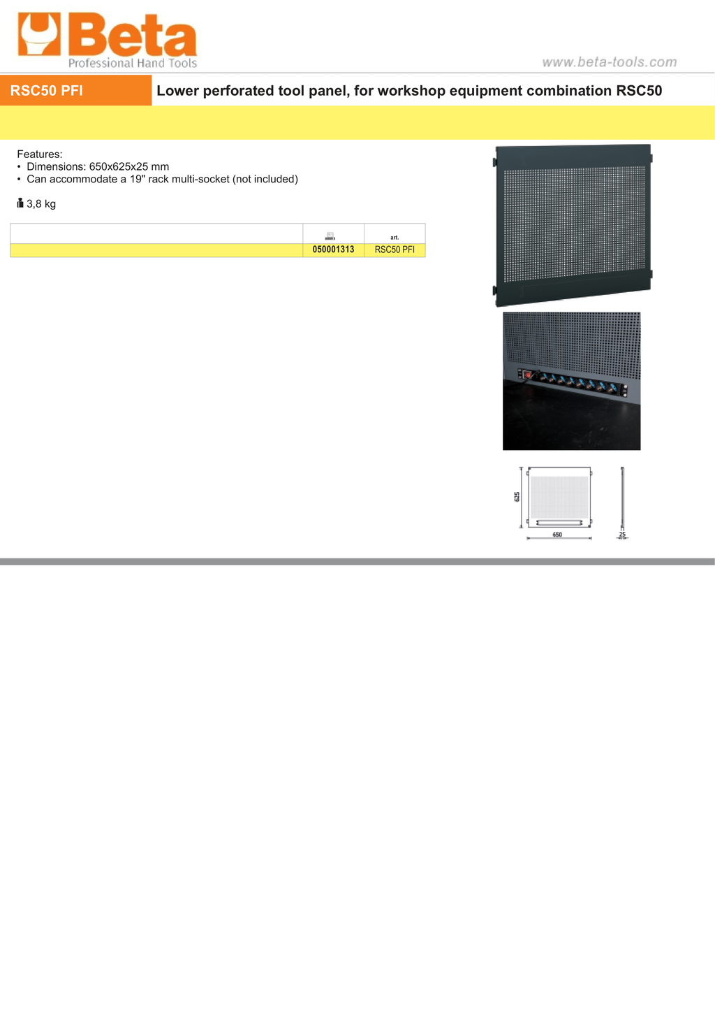 Lower Perforated Tool Panel for RSC50, 650x625x25mm, Compatible with 19 Rack Multi-Socket - BetaRSC50 RSC50 PFI