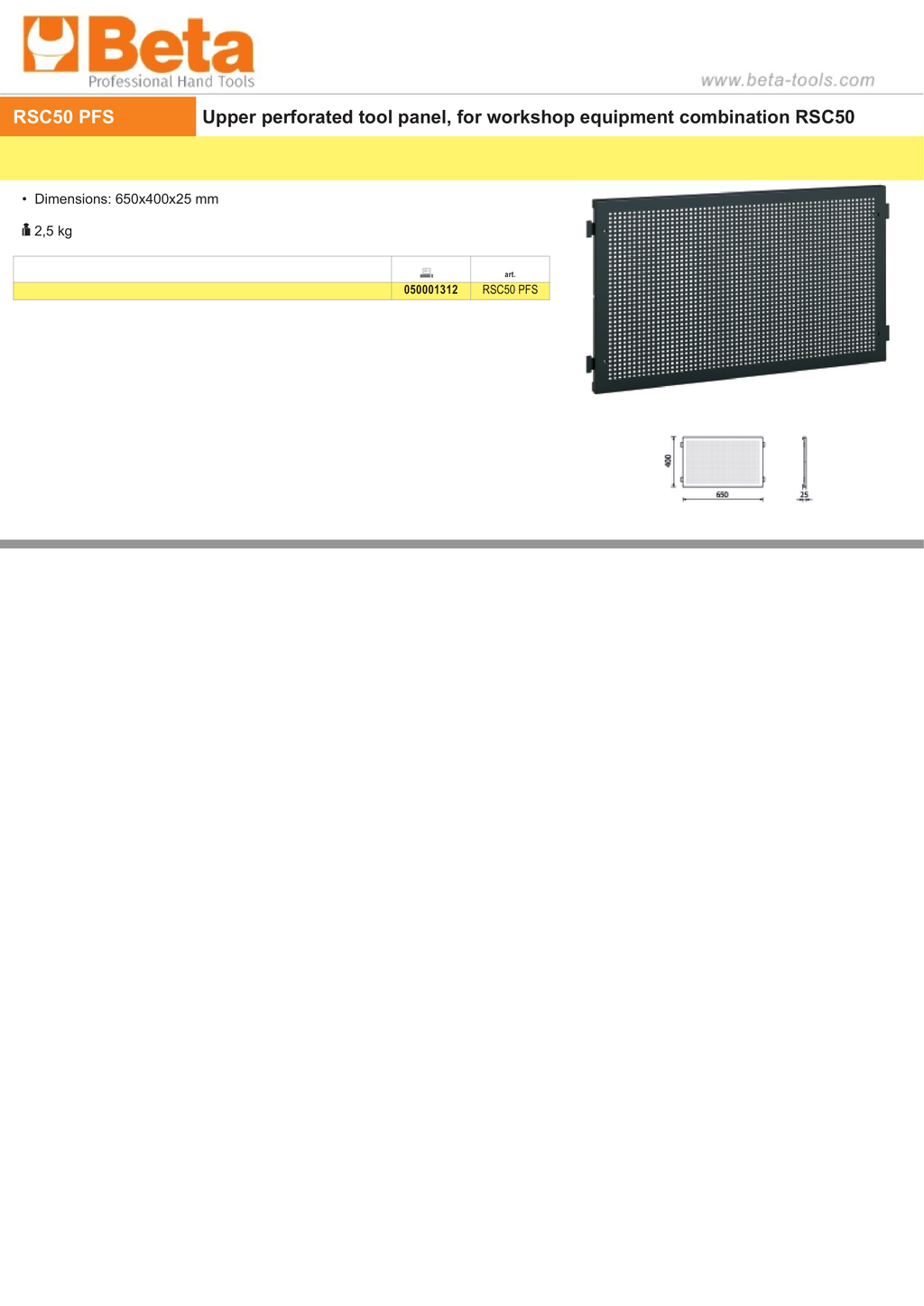 Upper Perforated Tool Panel for RSC50, 650x400x25mm - BetaRSC50 RSC50 PFS