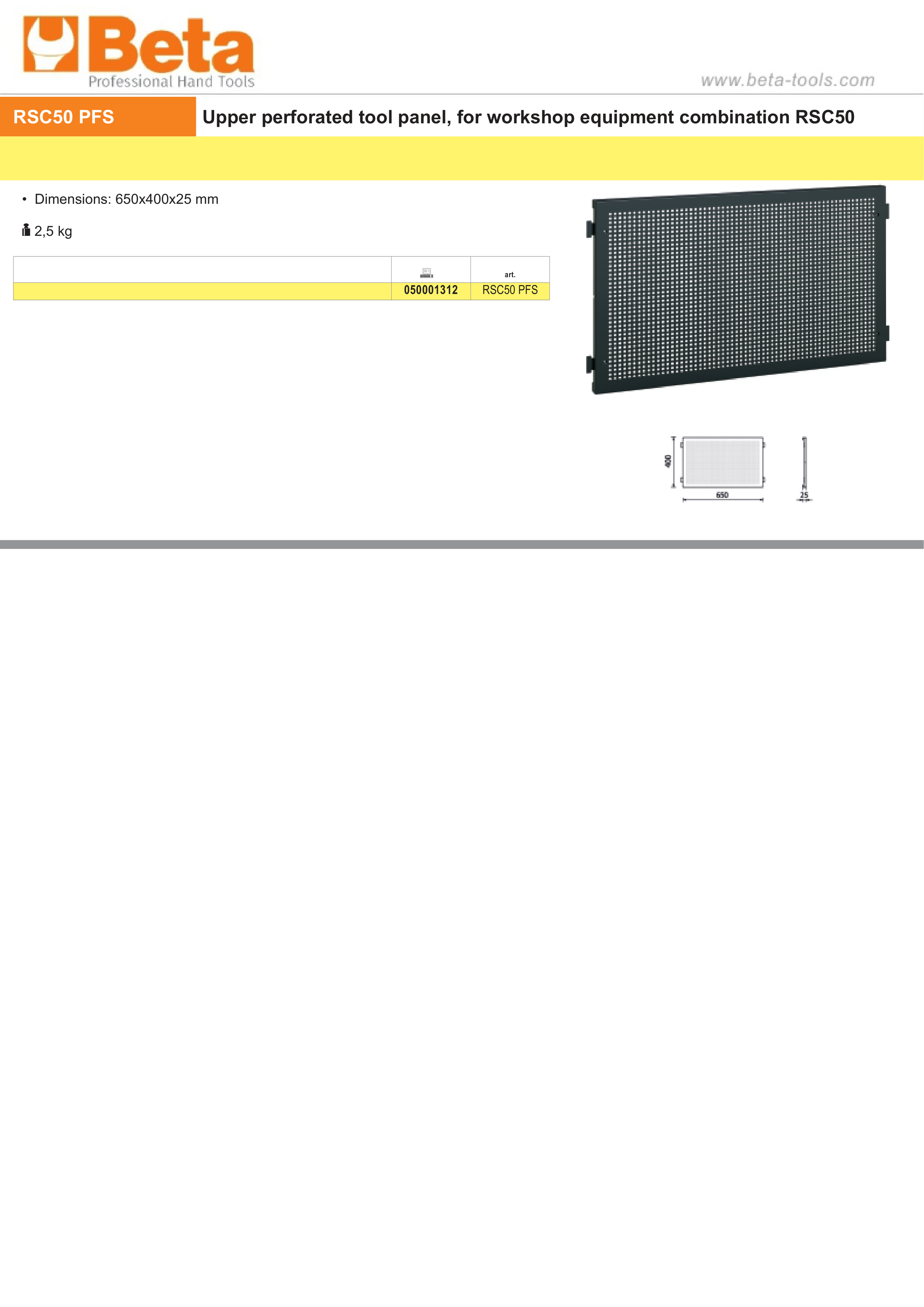 Upper Perforated Tool Panel for RSC50, 650x400x25mm - BetaRSC50 RSC50 PFS