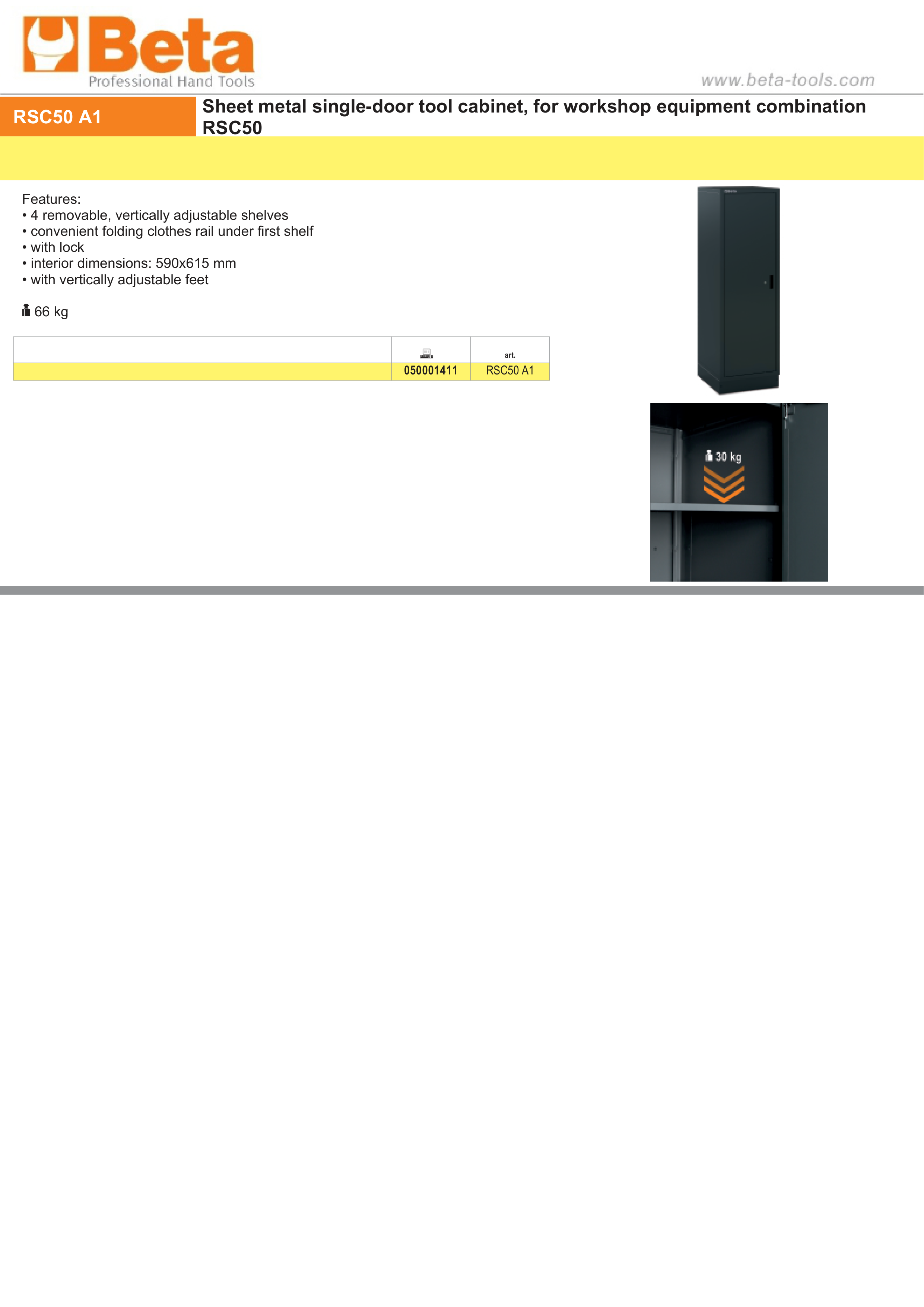 SHEET METAL SINGLE-DOOR TOOL CABINET RSC50 BETA RSC50 A1 590X615MM 4 SHELVES LOCK