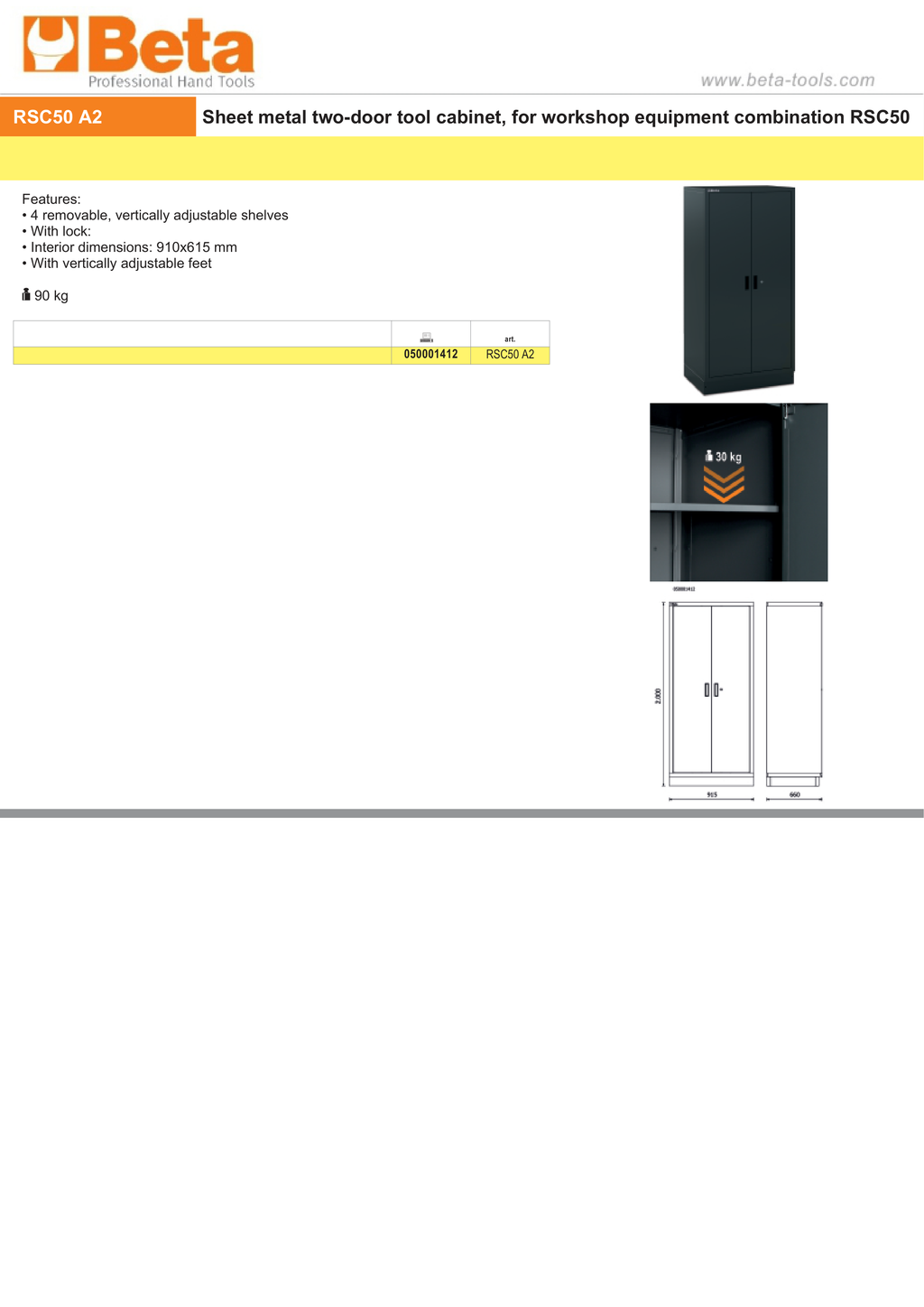 Sheet Metal Two-Door Tool Cabinet for RSC50, 910x615mm Interior, 4 Adjustable Shelves, Lock, Adjustable Feet - BetaRSC50 RSC50 A2