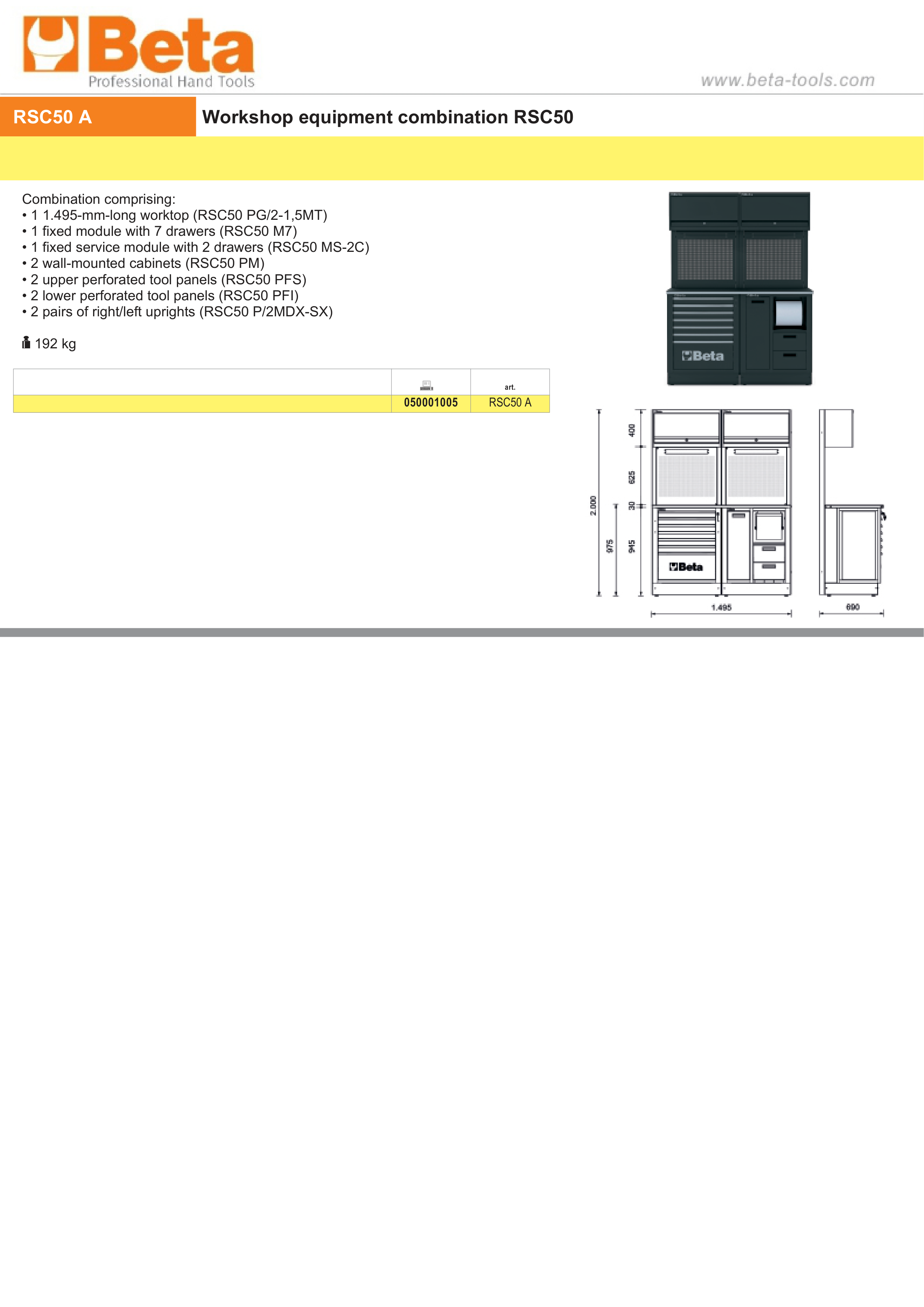 Workshop Equipment Combination RSC50 with Worktop, Drawers, and Tool Panels - BetaRSC50 RSC50 A