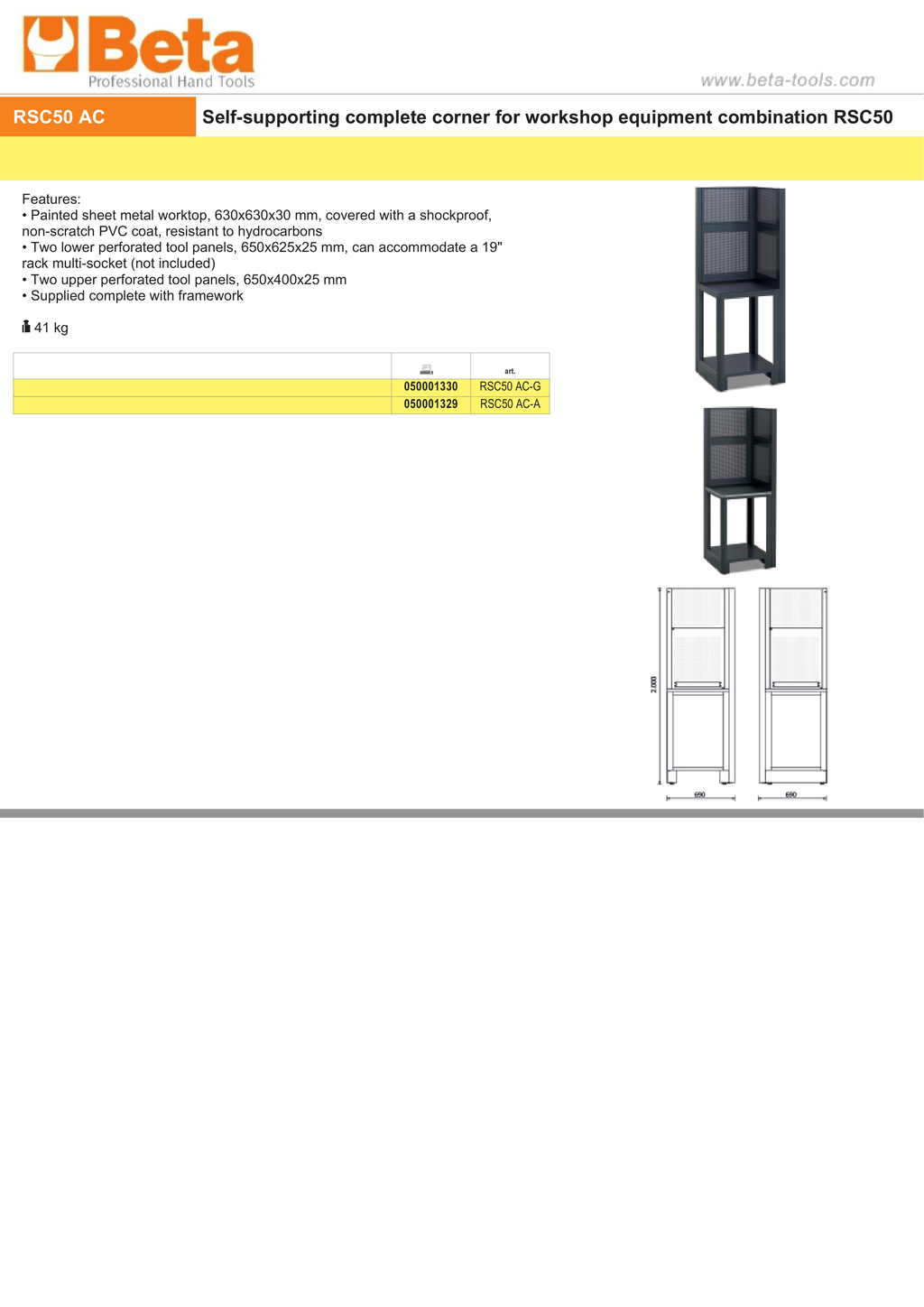 SELF-SUPPORTING CORNER WORKTOP UNIT BETA RSC50 AC-G 630X630MM PVC COATED 4 TOOL PANELS