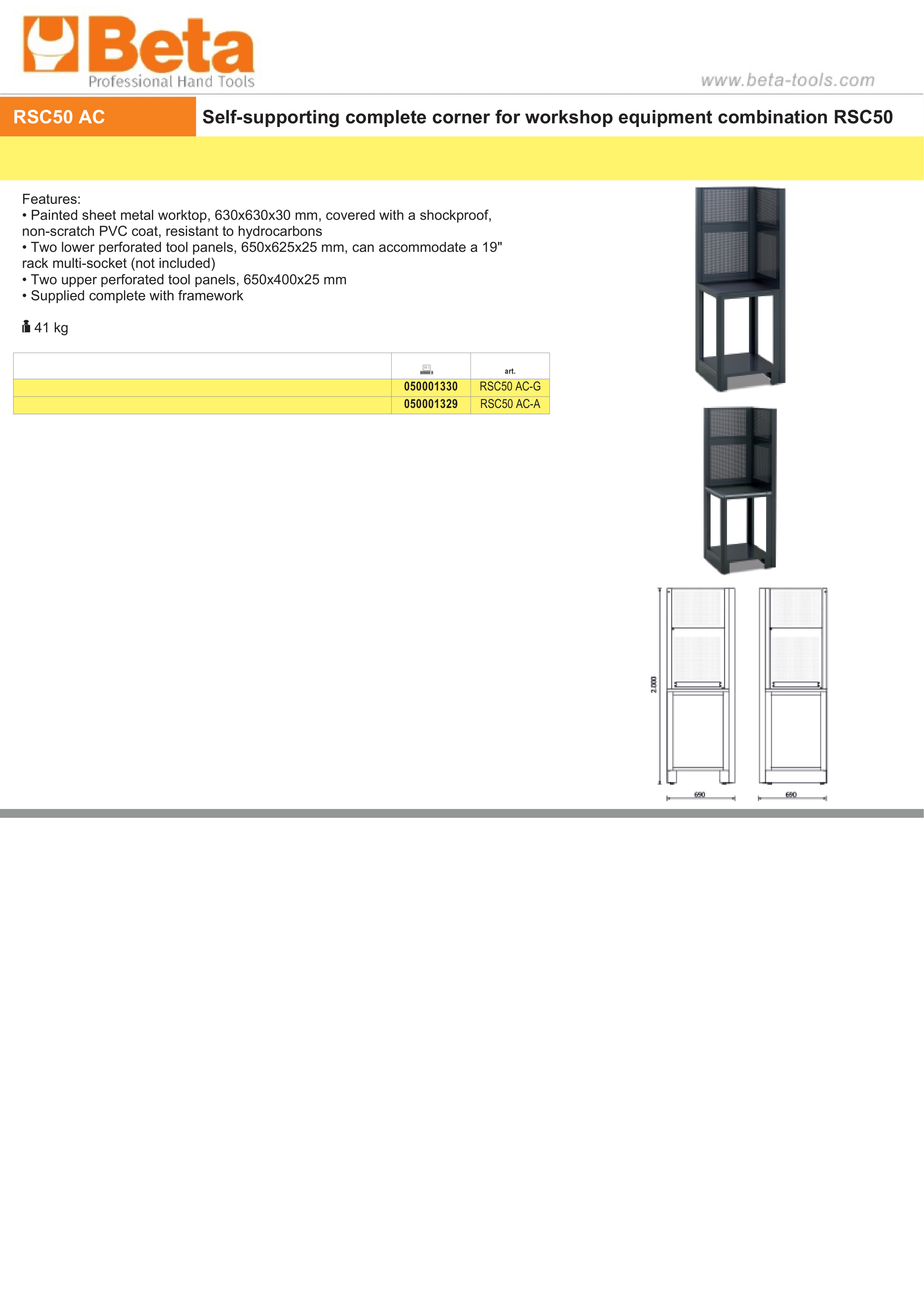 SELF-SUPPORTING CORNER WORKTOP UNIT BETA RSC50 AC-G 630X630MM PVC COATED 4 TOOL PANELS