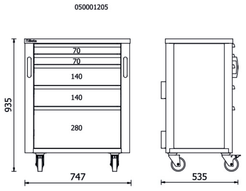 Mobile Roller Cabinet with 5 Drawers for RSC50, 588x367mm, Swivel Castors, Central Lock - BetaRSC50 RSC50 C5