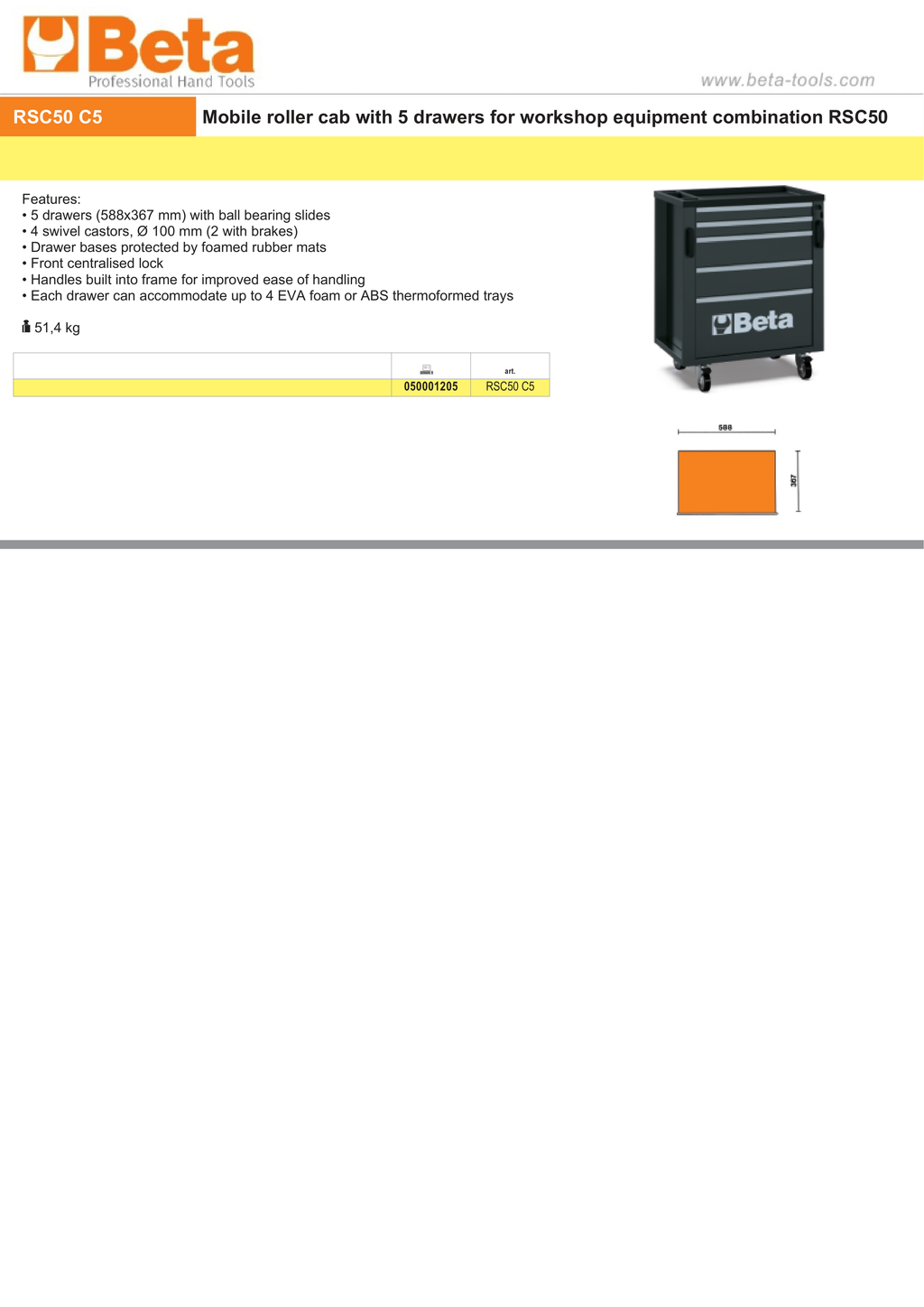 Mobile Roller Cabinet with 5 Drawers for RSC50, 588x367mm, Swivel Castors, Central Lock - BetaRSC50 RSC50 C5