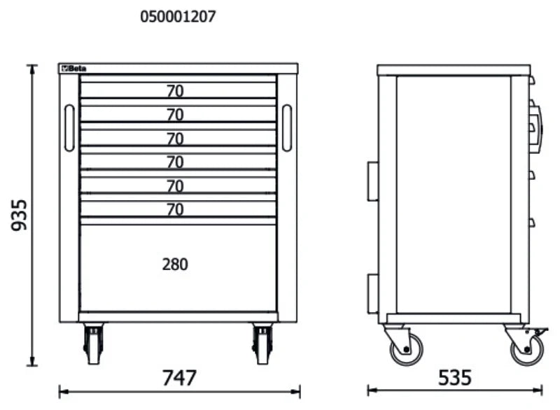 Mobile Roller Cabinet with 7 Drawers for RSC50, 588x367mm, Swivel Castors, Central Lock - BetaRSC50 RSC50 C7