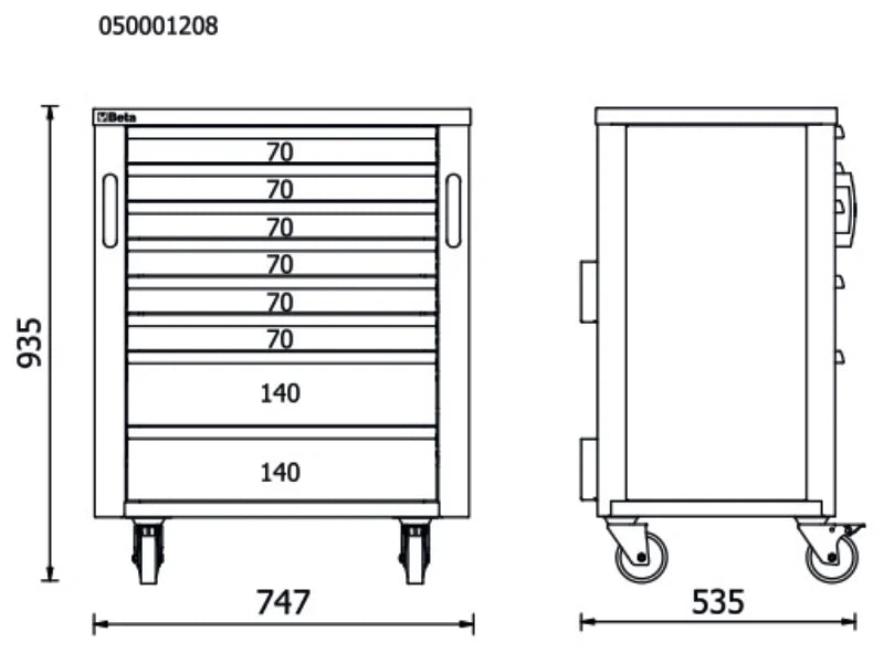 Mobile Roller Cabinet with 8 Drawers for RSC50, 588x367mm, Swivel Castors, Central Lock - BetaRSC50 RSC50 C8