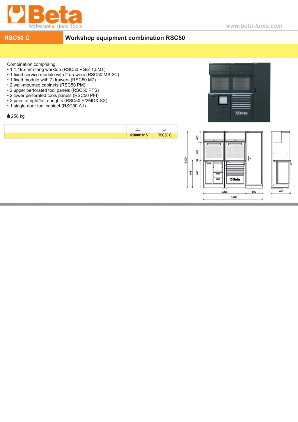 Workshop Equipment Combination RSC50 with Worktop, Drawers, Cabinets, and Tool Panels - BetaRSC50 RSC50 C
