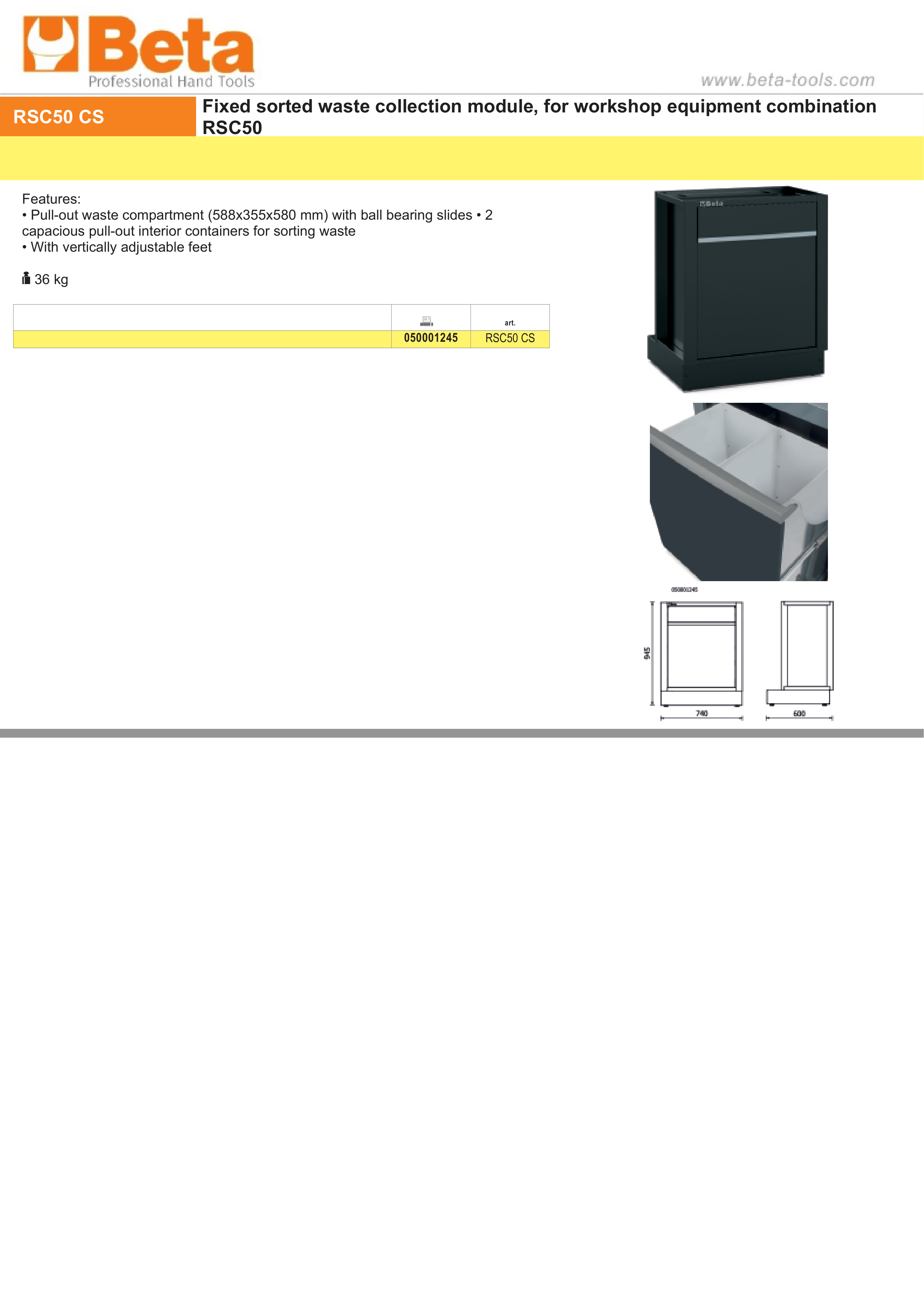 Fixed Sorted Waste Collection Module for RSC50, Pull-out Compartment 588x355x580mm, 2 Interior Containers, Adjustable Feet - BetaRSC50 RSC50 CS