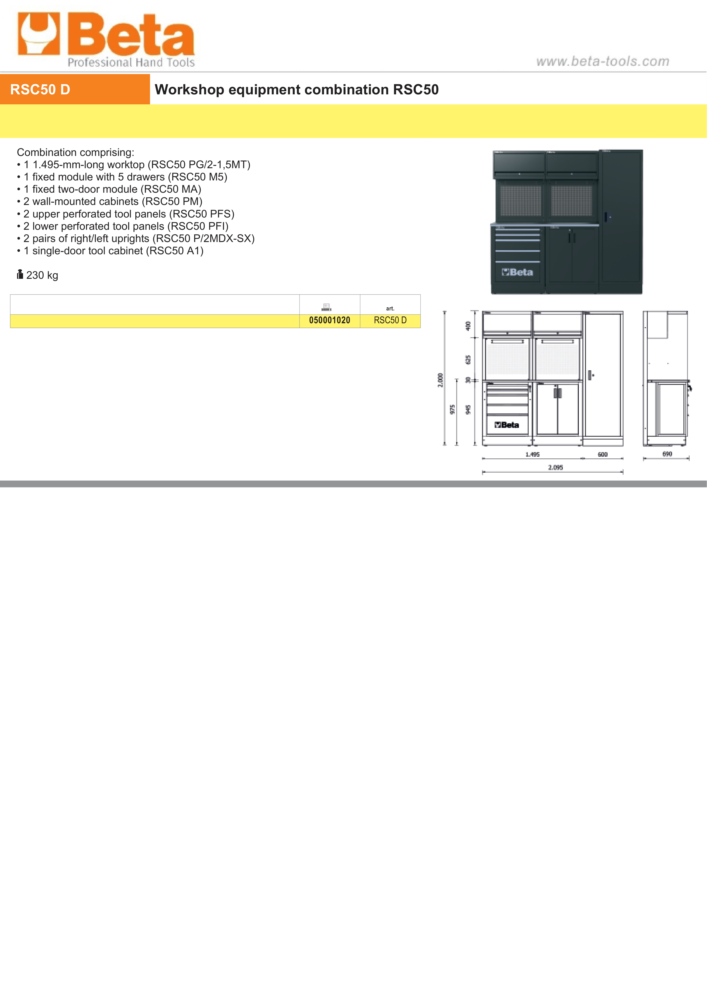 Workshop Equipment Combination RSC50 with Worktop, Drawers, Cabinets, and Tool Panels - BetaRSC50 RSC50 D