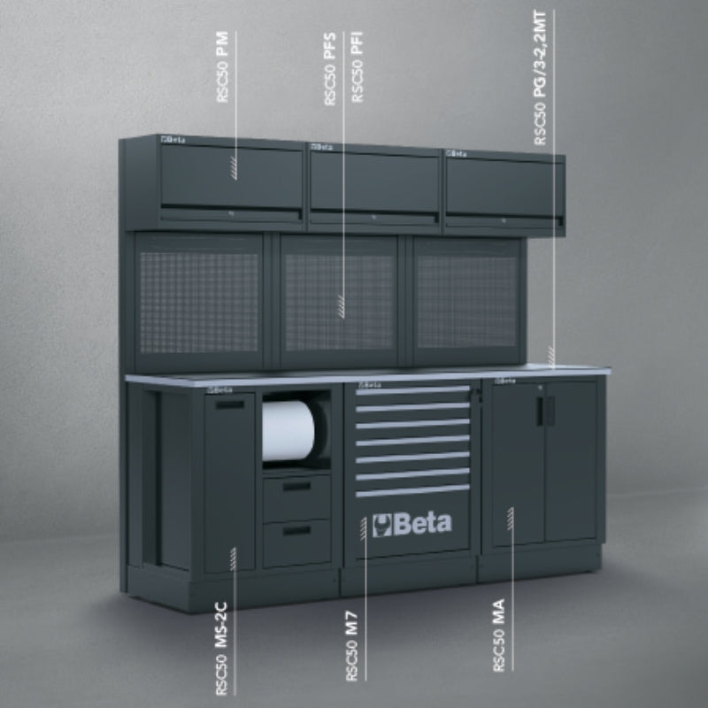 Workshop Equipment Combination RSC50 with 2.240mm Worktop, Drawers, Cabinets, and Tool Panels - BetaRSC50 RSC50 E