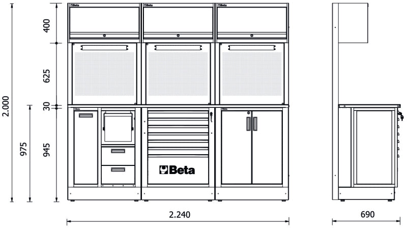 Workshop Equipment Combination RSC50 with 2.240mm Worktop, Drawers, Cabinets, and Tool Panels - BetaRSC50 RSC50 E