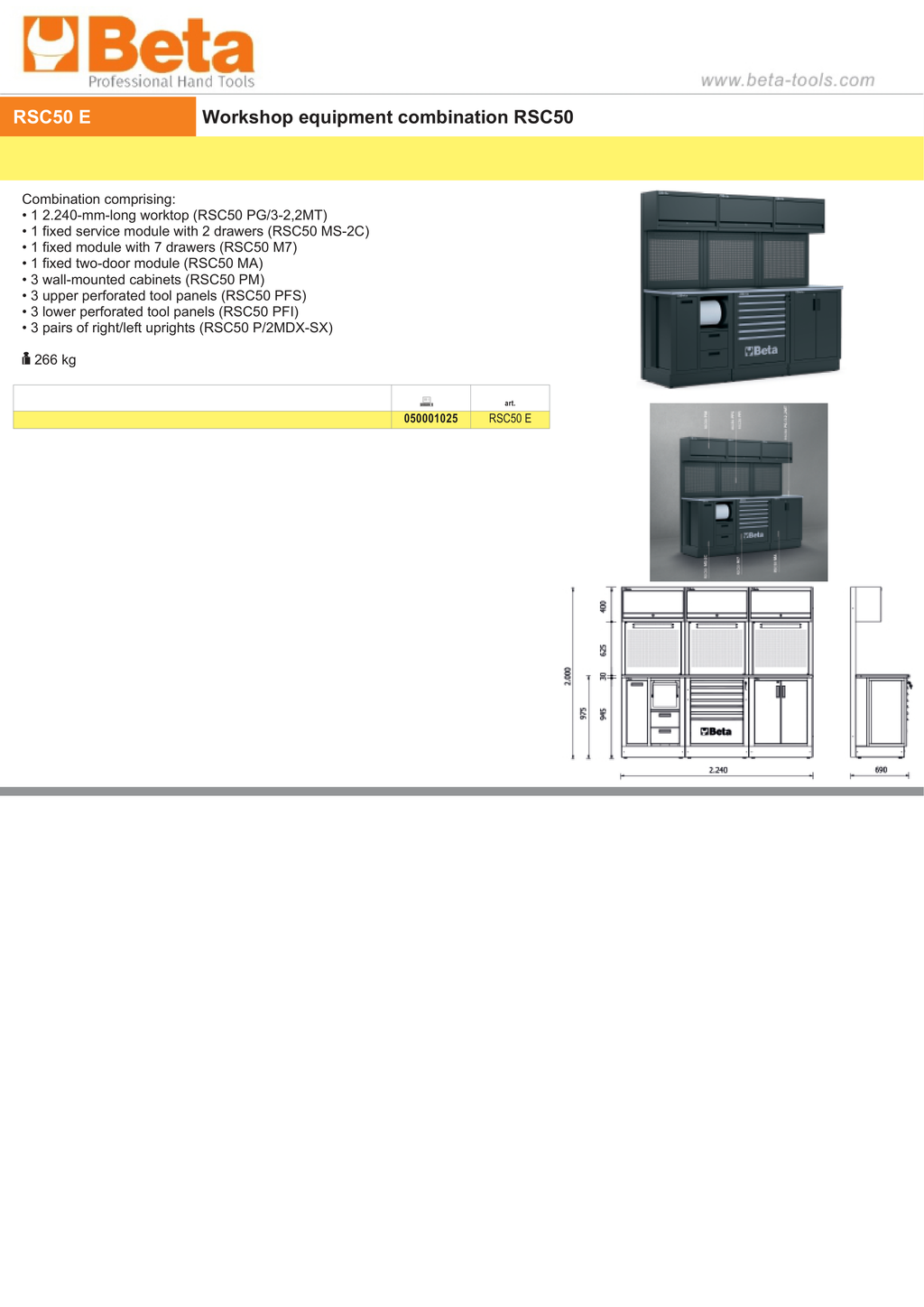 Workshop Equipment Combination RSC50 with 2.240mm Worktop, Drawers, Cabinets, and Tool Panels - BetaRSC50 RSC50 E