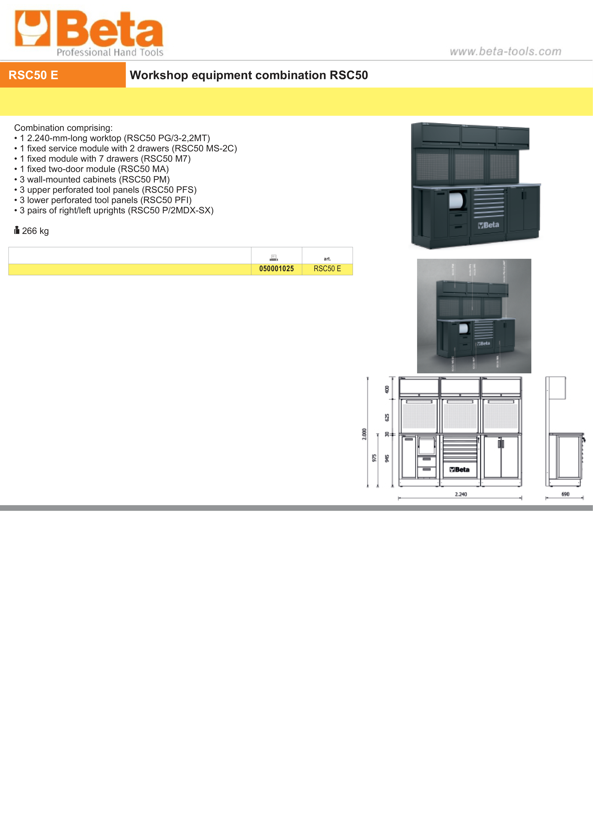 Workshop Equipment Combination RSC50 with 2.240mm Worktop, Drawers, Cabinets, and Tool Panels - BetaRSC50 RSC50 E