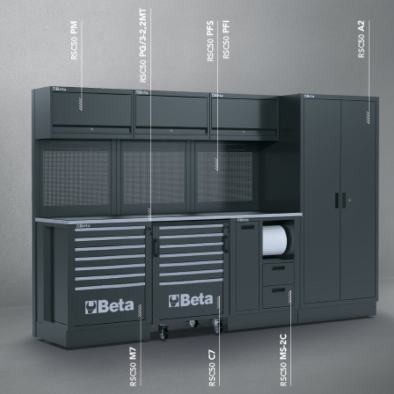 Workshop Equipment Combination RSC50 with 2.240mm Worktop, Drawers, Roller Cab, and Tool Panels - BetaRSC50 RSC50 F