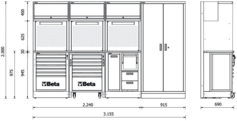 Workshop Equipment Combination RSC50 with 2.240mm Worktop, Drawers, Roller Cab, and Tool Panels - BetaRSC50 RSC50 F