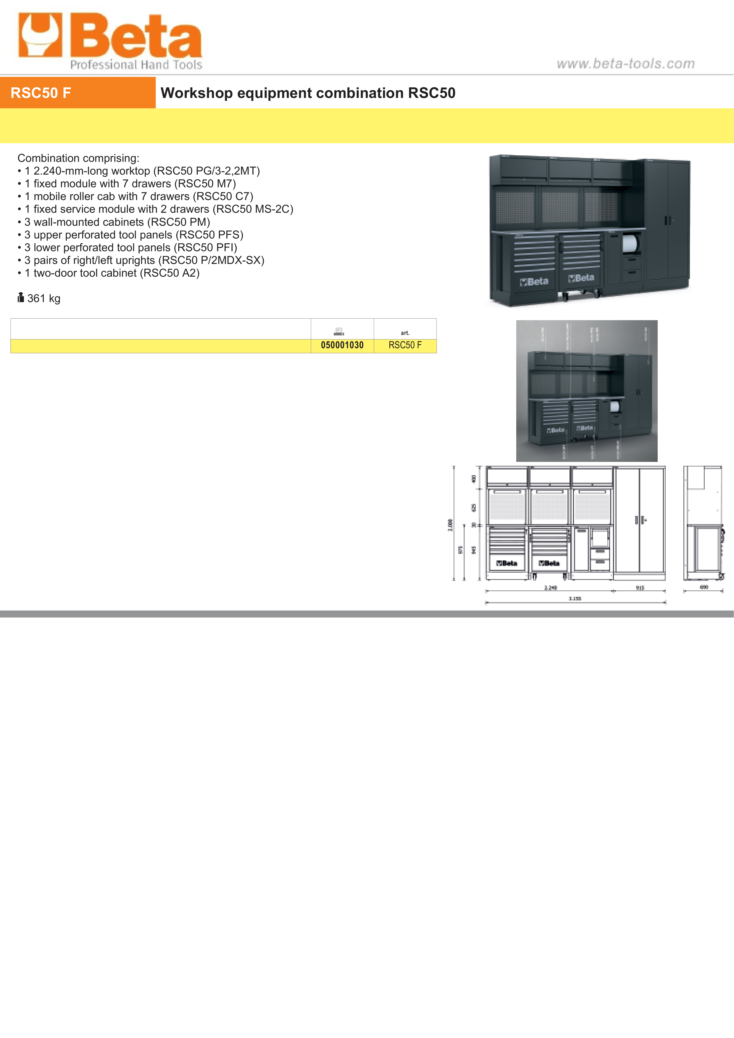 Workshop Equipment Combination RSC50 with 2.240mm Worktop, Drawers, Roller Cab, and Tool Panels - BetaRSC50 RSC50 F